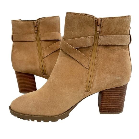 NEW Blondo Tamzin Waterproof Suede Camel Tan Ankle Booties Buckle Block Heel 10M - Picture 12 of 12
